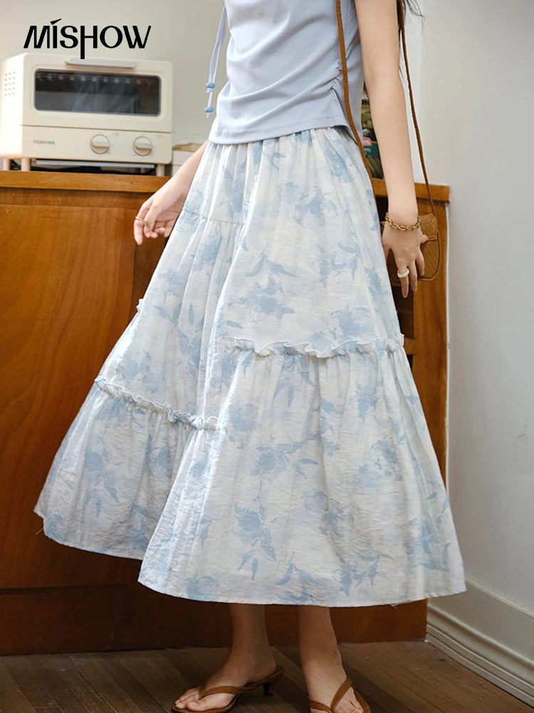 MISHOW Two Piece Set Women's Fashion Lace Up Top 2025 Summer New Casual Print Wide Leg Half Skirt Set Ladies Clothing MXE35T0596