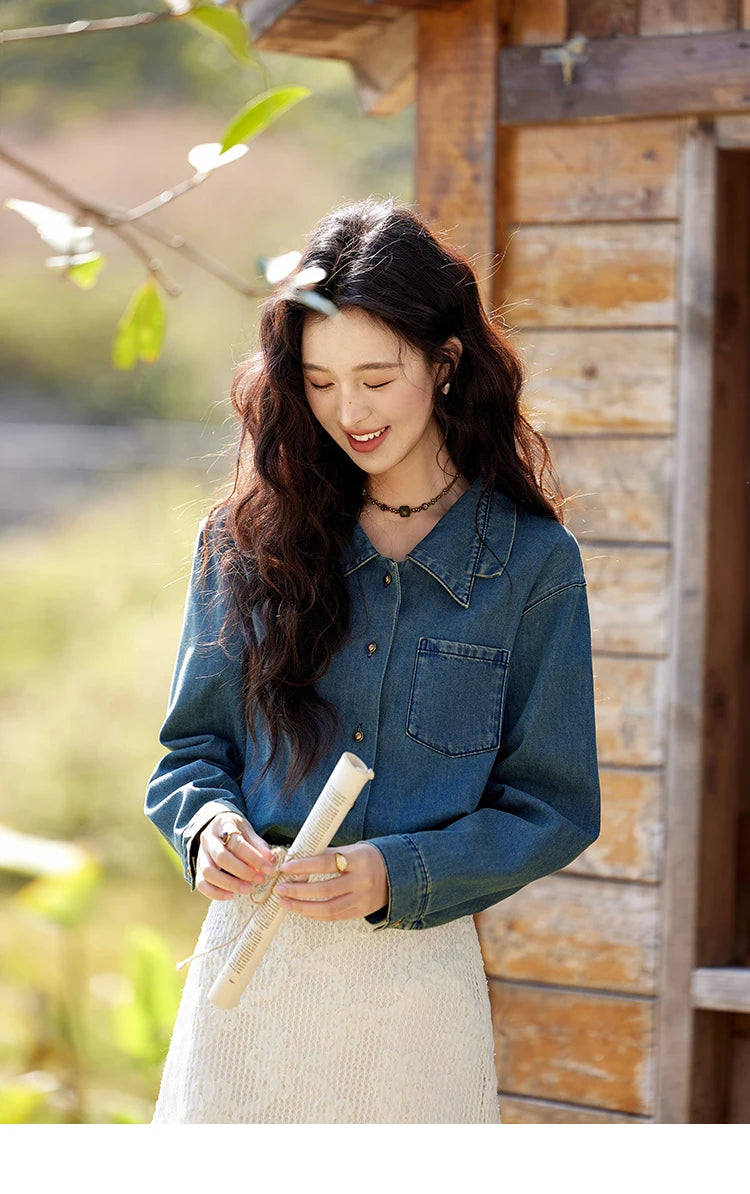 MISHOW Retro Washed Denim Shirt Spring 2025 Double Layered Patchwork Collar Shirt Metal Buckle Single Breasted Tops MXE12C0751