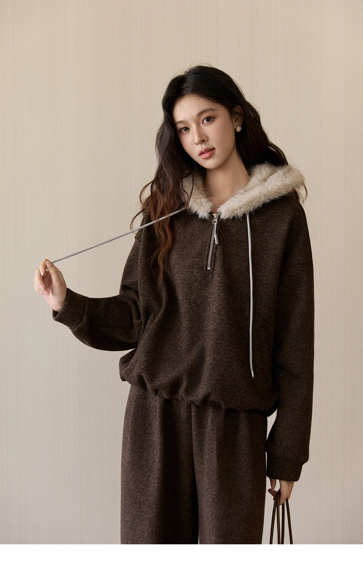 MISHOW Women's Brown Two-Piece Set 2025 Winter Faux Fur Hood Sweatshirt Elastic Waist Wide-Leg Pants Warm Casual Sets MXE94T1476