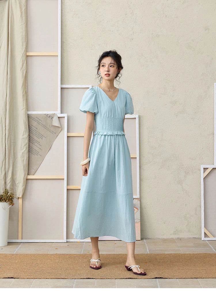 MISHOW French Summer Dresses Women 2025 New Short Puff Sleeve V-neck Solid Cotton Blended Dress Female Slimming MXE34L2288