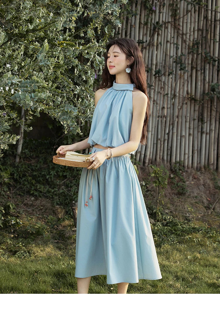 MISHOW Vacation Skirt Set Woman 2025 New Solid Halter Neck Sleeveless Short Tops Midi Loose Skirt Female with Belt MXE33T0546