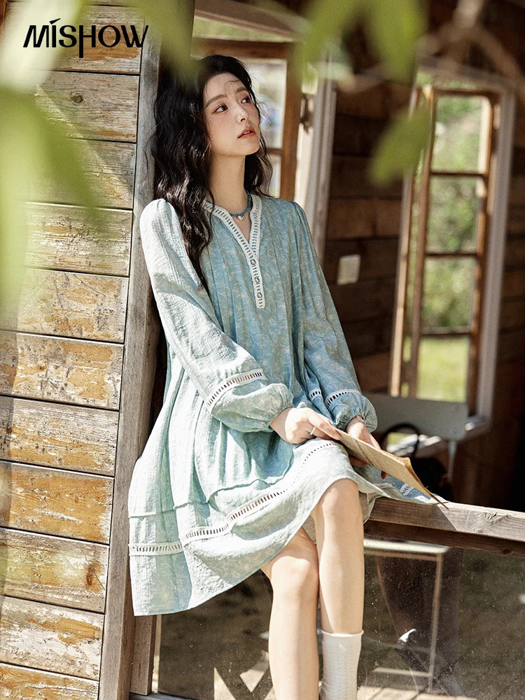 MISHOW Chiffon Printed Dress for Women Spring 2025 French V-neck Hollowed Out Lace Patchwork Medium Length Dresses MXE12L2096