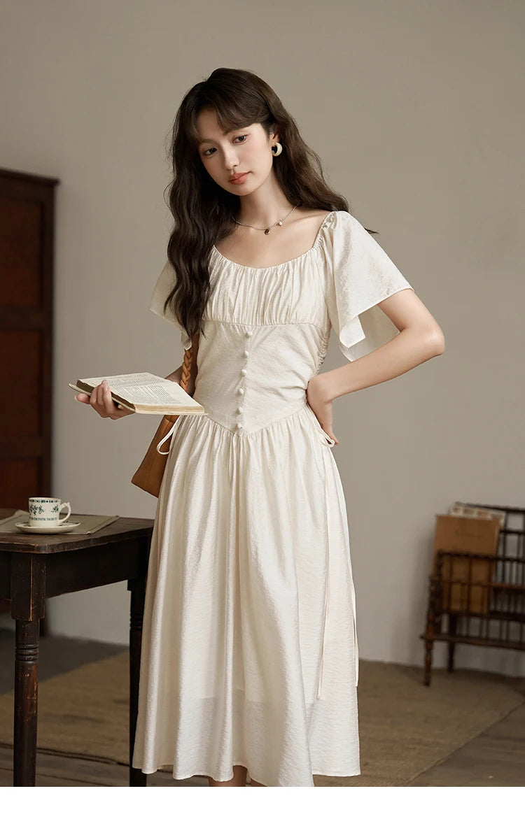 MISHOW Women's Elegant Dress 2023 Summer French A-LINE Butterfly Sleeve Square Collar Solid Lace-up Waist Dresses MXC38L1407