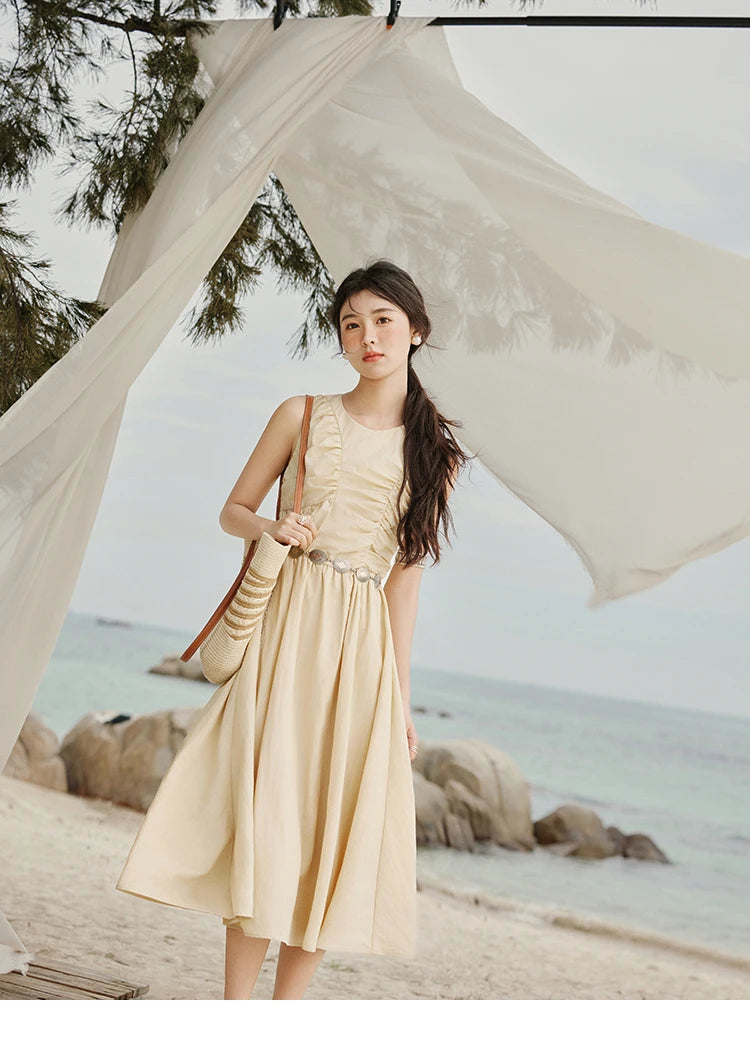 MISHOW Office Lady Summer Dress Women 2025 New Round Neck Sleeveless Solid with Belt Dresses Female Fashion Slimming MXE31L2188