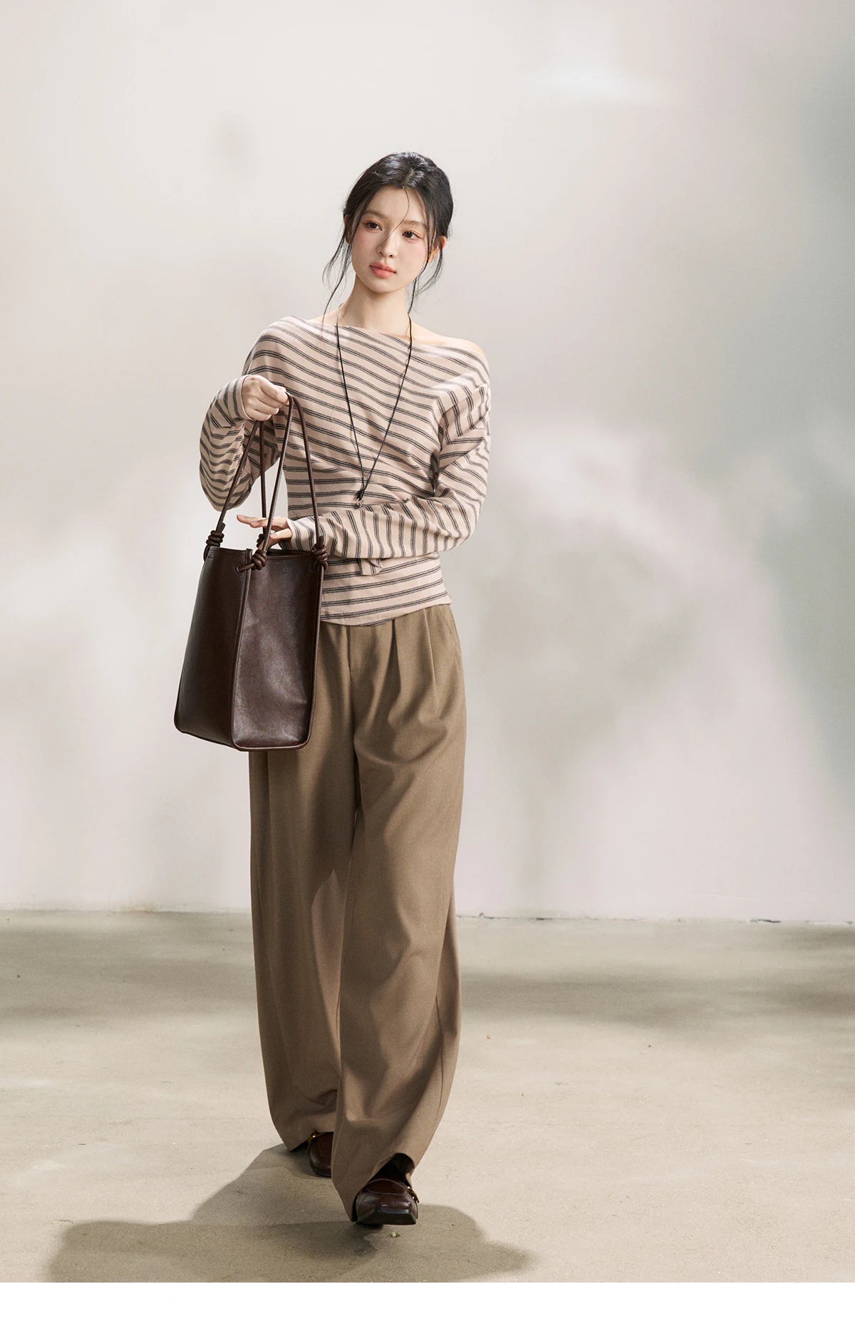 MISHOW Striped Boat Neck Long Sleeve Tops 2026 Spring Ruched Side SlimCasual Soft Breathable T-Shirt with Necklace MXF13T1514