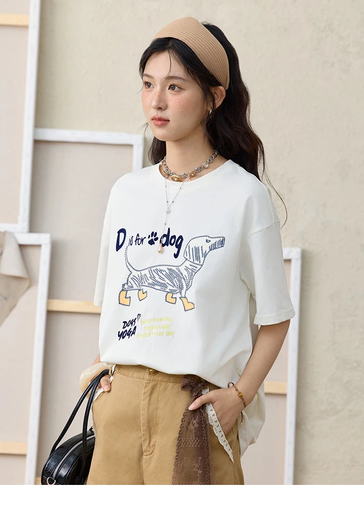 MISHOW Print Summer T-shirts Women 2025 Short Sleeve Round Neck Flocked Puppy Loose Shirt Female Casual Versatile Top MXE33T0542