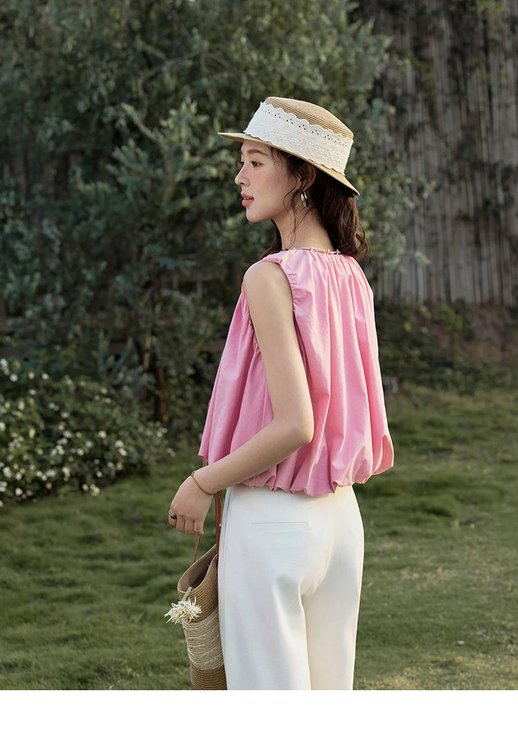 MISHOW French Rose Red Blouses Women Summer 2025 Sleeveless Round Neck Beaded Strap Design Short Tops Lady New Thin MXE32X1773