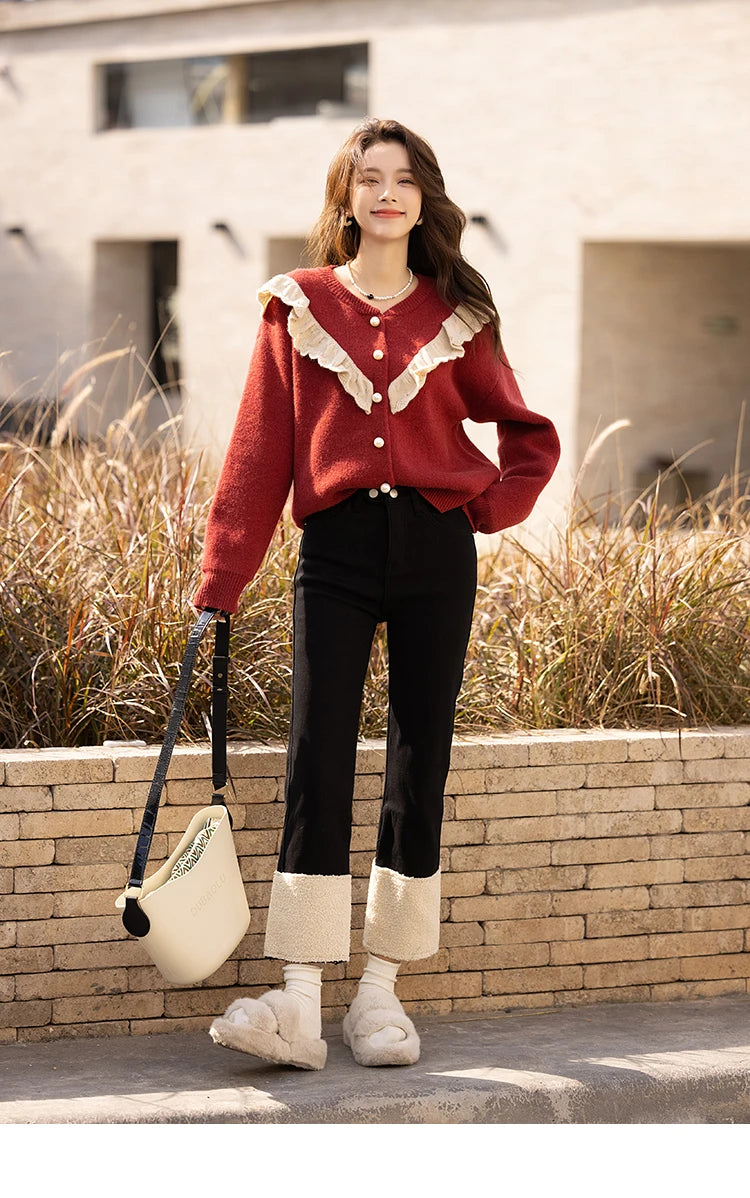 MISHOW Sweater Cardigan for Women Korean Fashion Ruffle Knitwears Autumn Winter Single Breasted Knitted Tops Jumpers MXB46Z1111