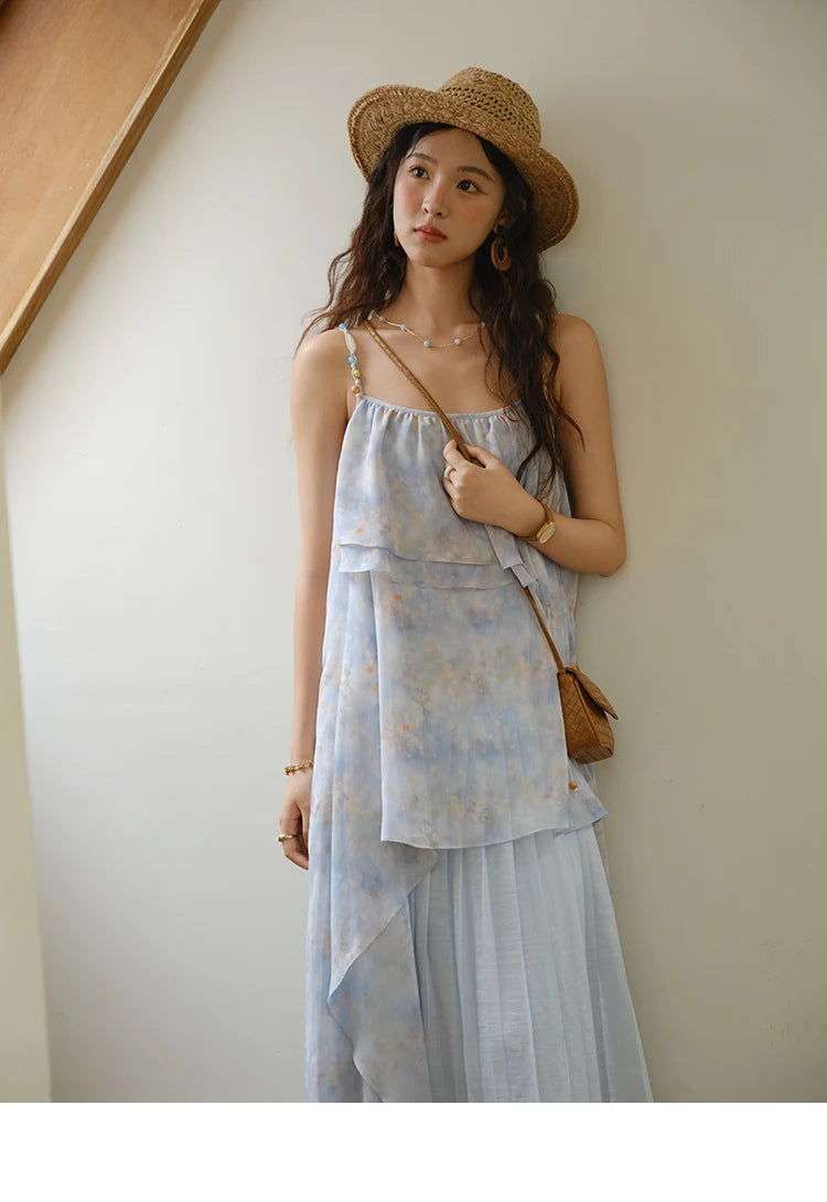 MISHOW Fashion Print Strap Dress for Women 2025 Summer New Multi Layer Ruffle Edge Splicing Sleeveless Midi Dresses MXE35L2233