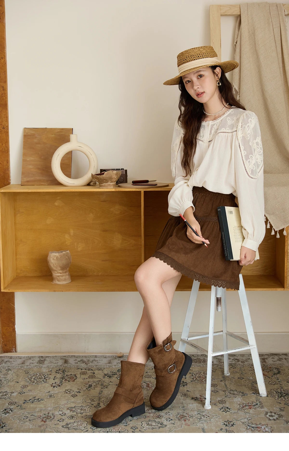 MISHOW Women's Beige Hollow Out Embroidery Shirt Autumn French Elegant Long Sleeve O-Neck Shirts Retro Commute Tops MXE44X2498