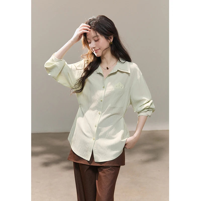 MISHOW Women's Contrast Trim Lapel Collar Shirts 2026 Spring Floral Embroidery Pocket Decor Button Waist Casual Shirt MXF13C2440