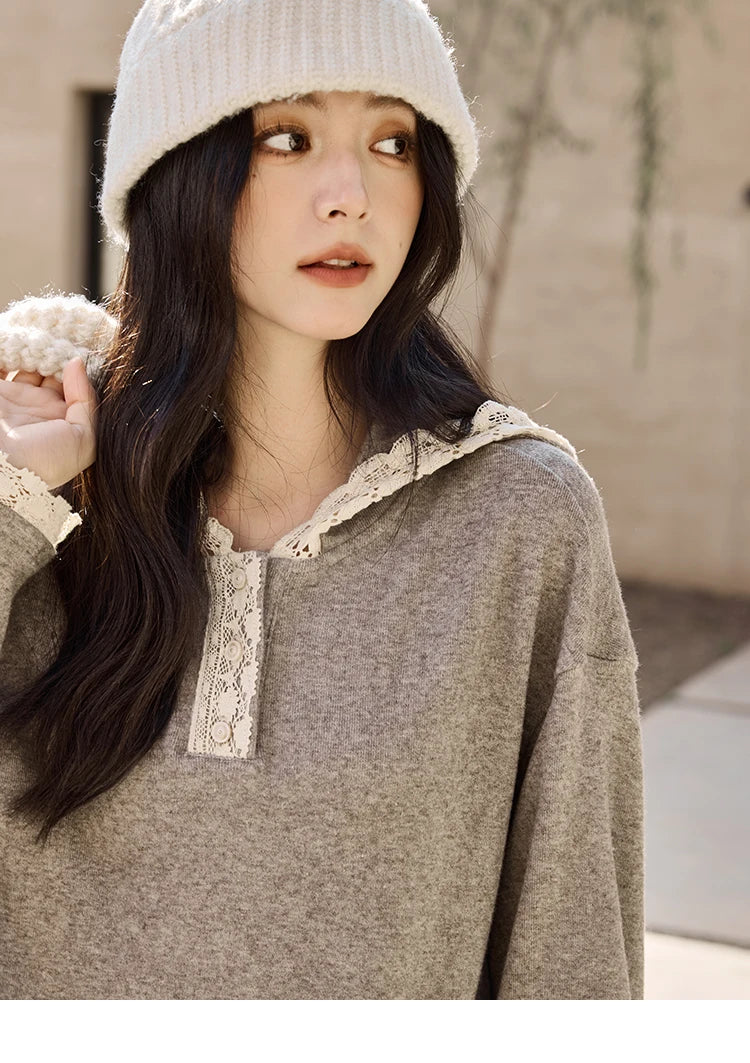 MISHOW Women's Sweatshirt Wide Leg Pants Separately 2025 Fall Winter Lace Splicing Hooded Casual Elastic Waist Pants MXD34V0098