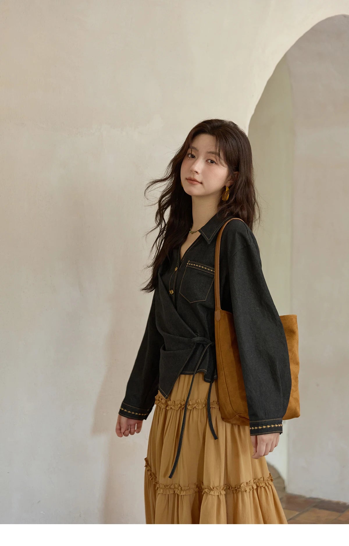 MISHOW Black Imitation Denim Shirt Side Lace-Up Lapel V-Neck MXE42C2374