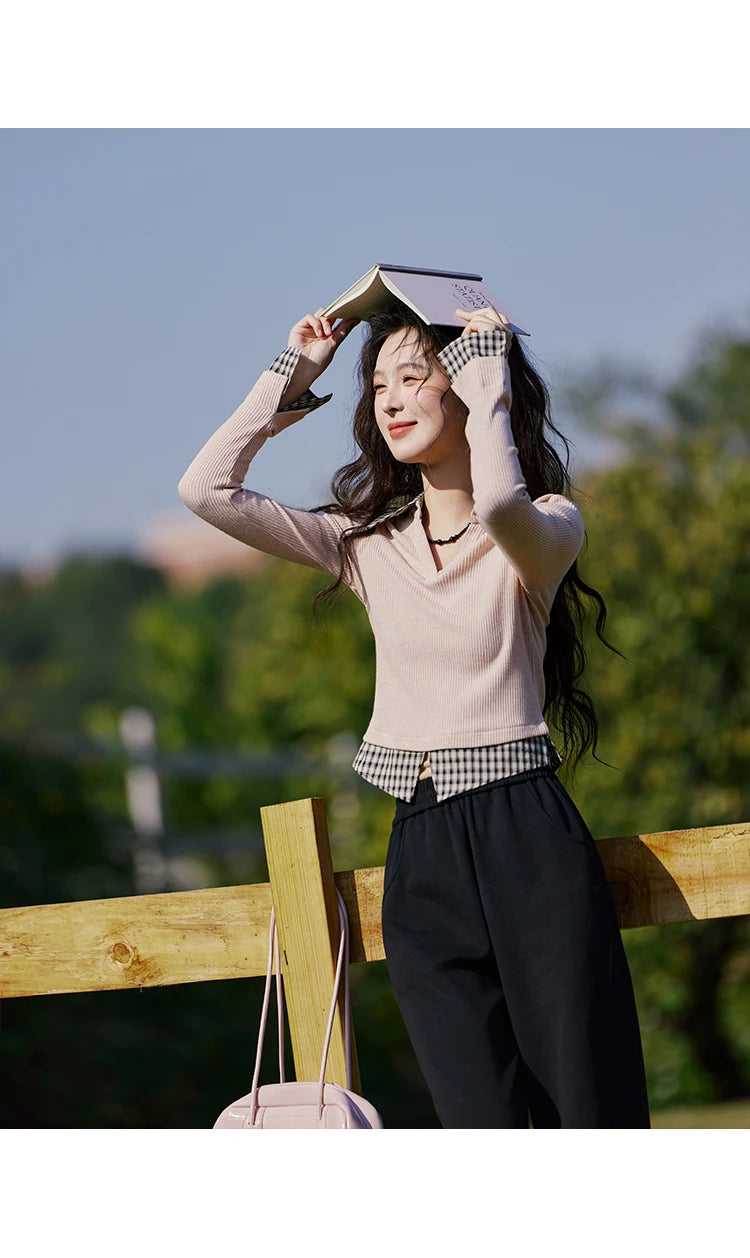 MISHOW Plaid Splicing Fake Two-piece Tops for Women Spring 2025 Contrasting Colors Slim Thin Top V-neck Casual Tees MXE13Z1108