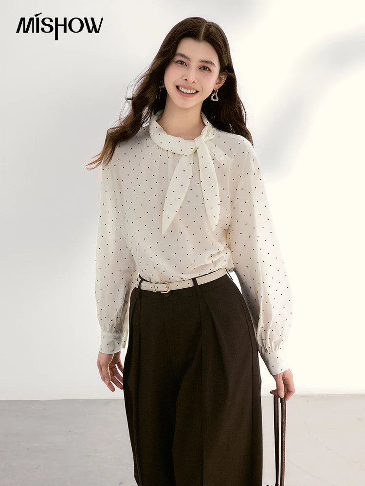 MISHOW Women's White Polka Dot Blouse Spring Bow Tie Neck Sheer Chiffon Blouses Casual Long Sleeve Top Office Lady MXF13X2531