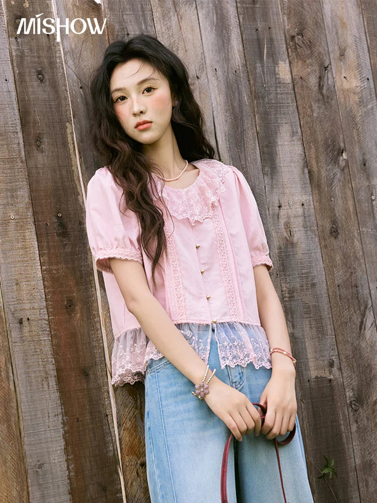 MISHOW Women's Pink Spliced Lace Round Neck Blouses 2025 Summer Lace Hem Sweet Blouse Single Row Metal Buttons Top MXE32X1768