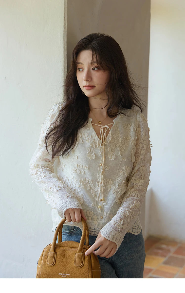 MISHOW Apricot Lace Jacquard Embroidered Shirt 2025 Autumn Black Fungus Edge Lace-up Vintage Commuter Top Office Lady MXE41X1927