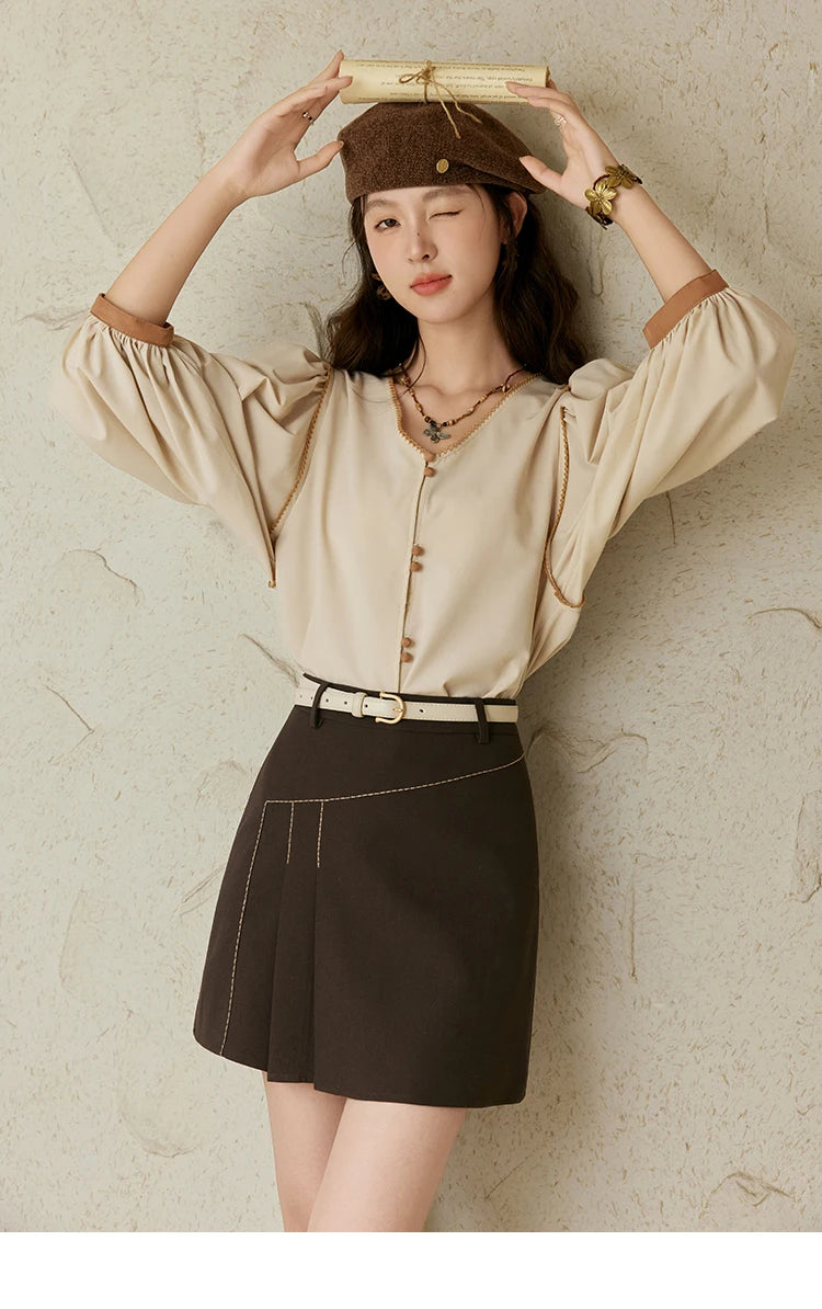 MISHOW French Retro Contrasting V-neck Shirt 2024 Autumn Solid Lantern Sleeve Top Single Row Two Buttons Casual Shirt MXD26X1597