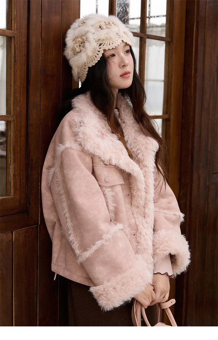 MISHOW Women's Pink Jacket 2025 Winter French Style Stand Collar Plush Patchwork Coat Windproof Warm Coat Woman MXE51W0911