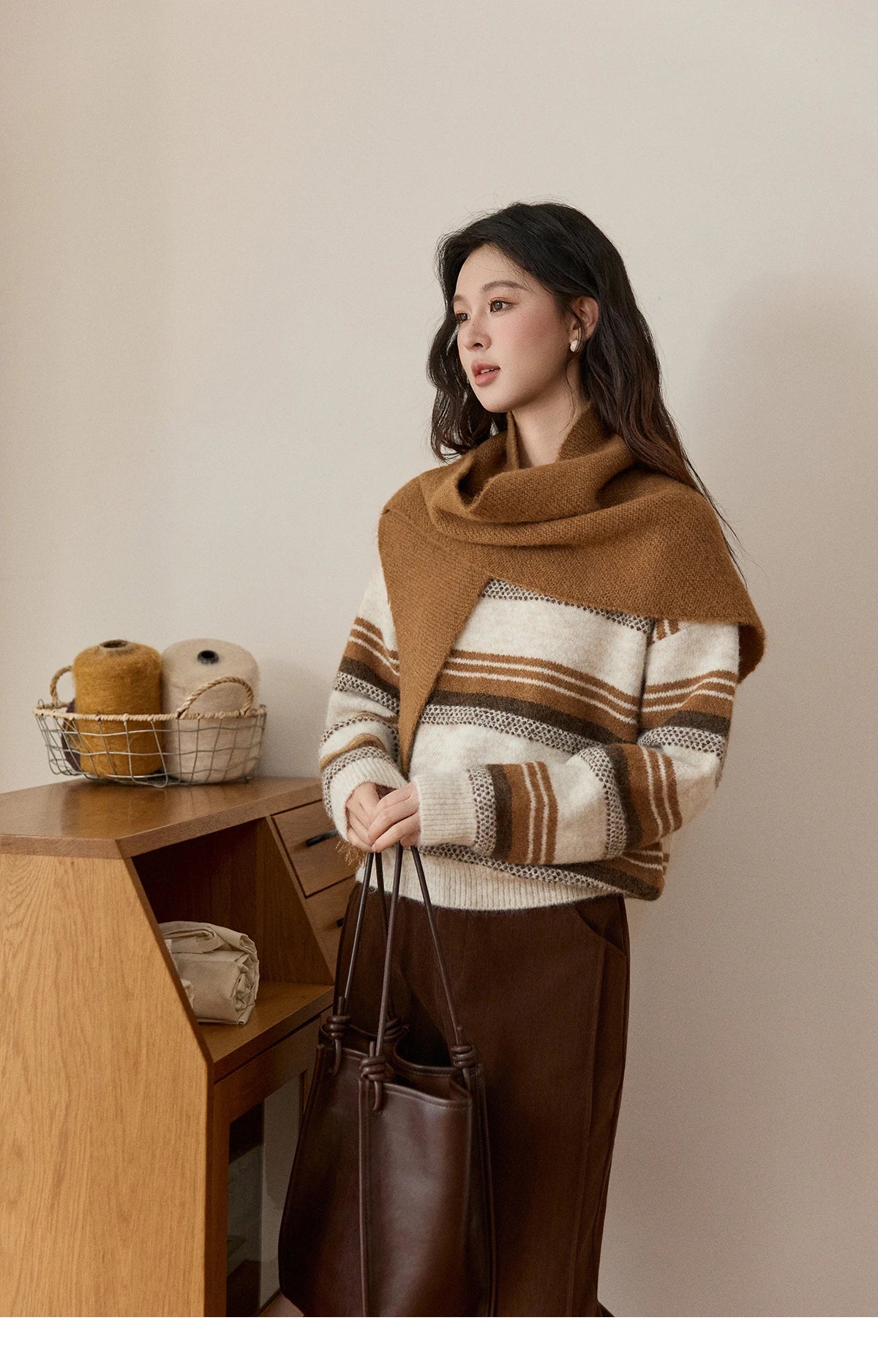 MISHOW Women's Wool Blend Retro Striped Sweater with Scarf Set 2025 Winter Knitted Round Neck Warm Loose Sweaters MXE94Z2987