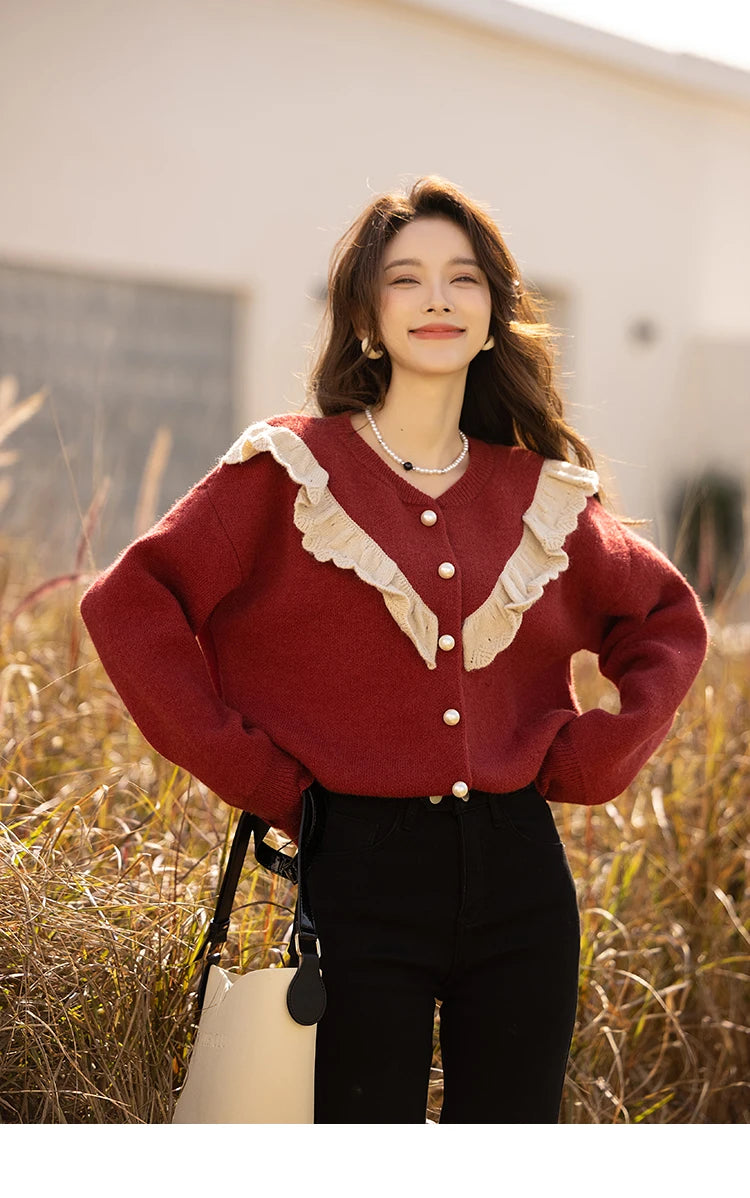 MISHOW Sweater Cardigan for Women Korean Fashion Ruffle Knitwears Autumn Winter Single Breasted Knitted Tops Jumpers MXB46Z1111