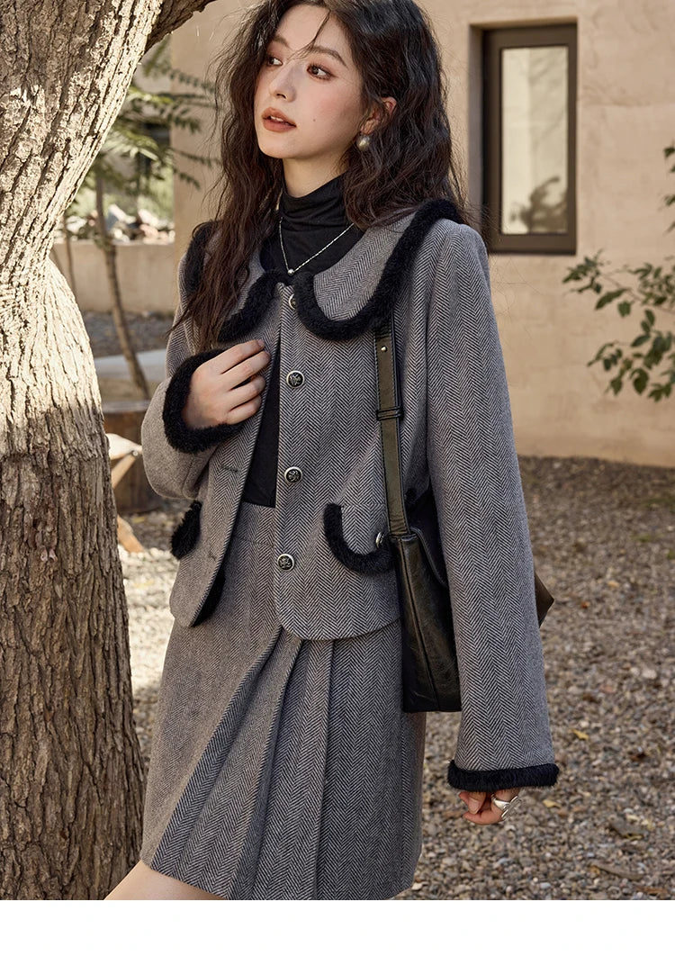 MISHOW Plaid Tweed Jacket Short Skirt Separately Women 2024 Winter Fashion Korean Collar Jacket Half Pleated Skirt MXD43W0442