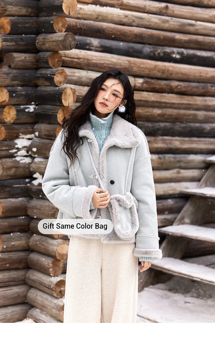 MISHOW Leather Fur Coat Fur Collar with Bag Women Winter Clothes Suede Plush Jacket Pocket Soft Thickened Warm Tops MXD57W0737