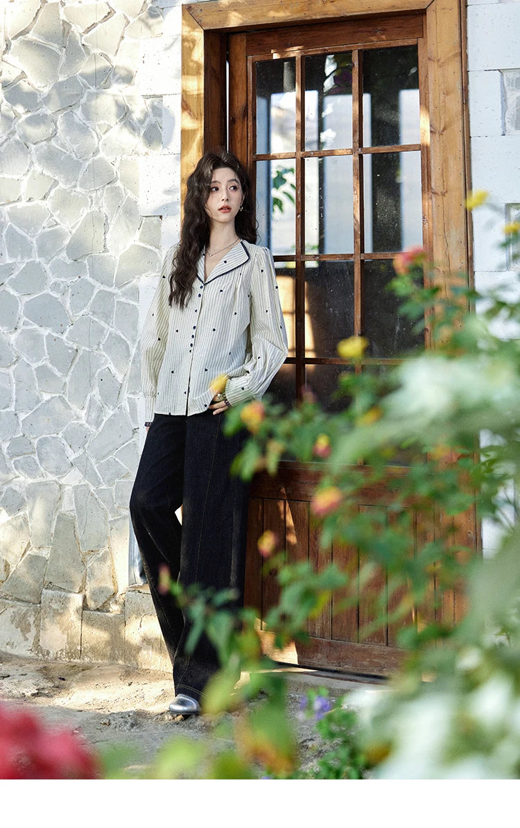 MISHOW Striped Bubble Sleeve Shirt for Women 2025 Spring French Retro Love Embroidered Top 100 Cotton V-neck Shirts MXE12C0390