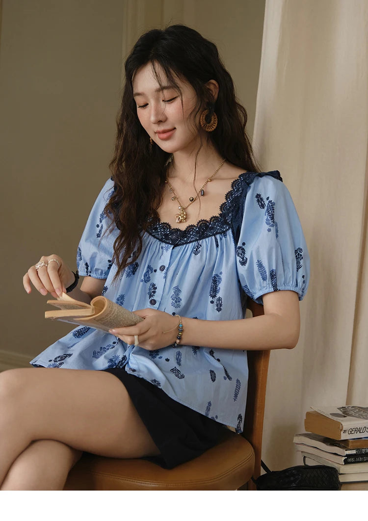 MISHOW Fashion Print Cotton Shirt for Women 2025 Summer New Puff Sleeve Lace Splicing Retro Blue Casual Button Top MXE35X1842