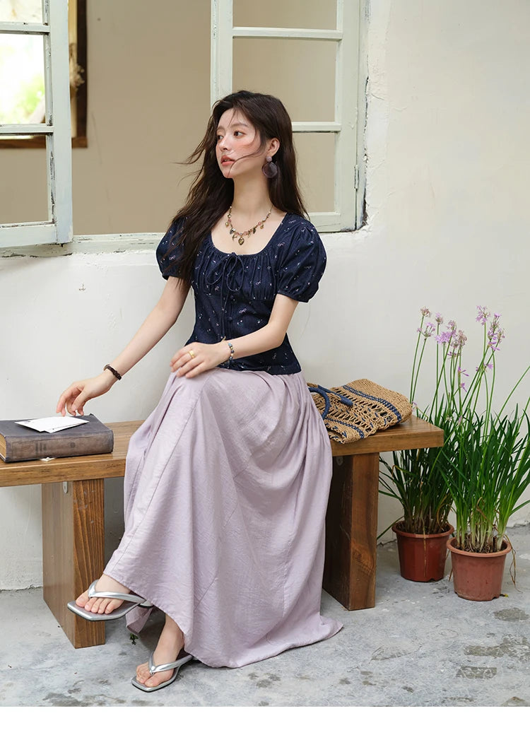 MISHOW Fashion Puff Sleeve Square Neck Blouse for Women 2025 Summer Lace Up Button Print Denim Top Women's Clothing MXE39X1933