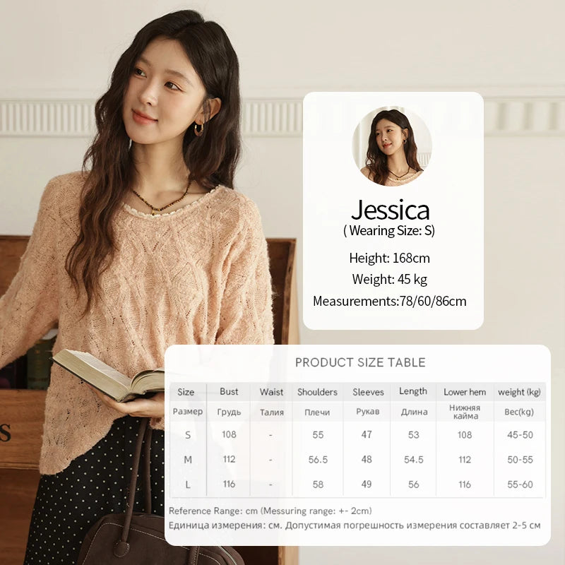 MISHOW Bamboo Loop Yarn Knitted Sweater for Women Autumn 2025 Hollow V-neck Lace Sweater Casual Solid Pullovers Tops MXE43Z1349