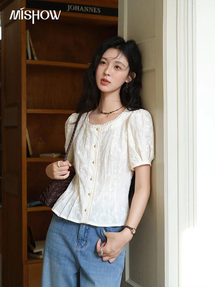 MISHOW Embroidery Cotton Shirt for Women 2025 Summer Fashion French Style Puff Sleeve Button Shirt Women's Clothing MXE39X1979