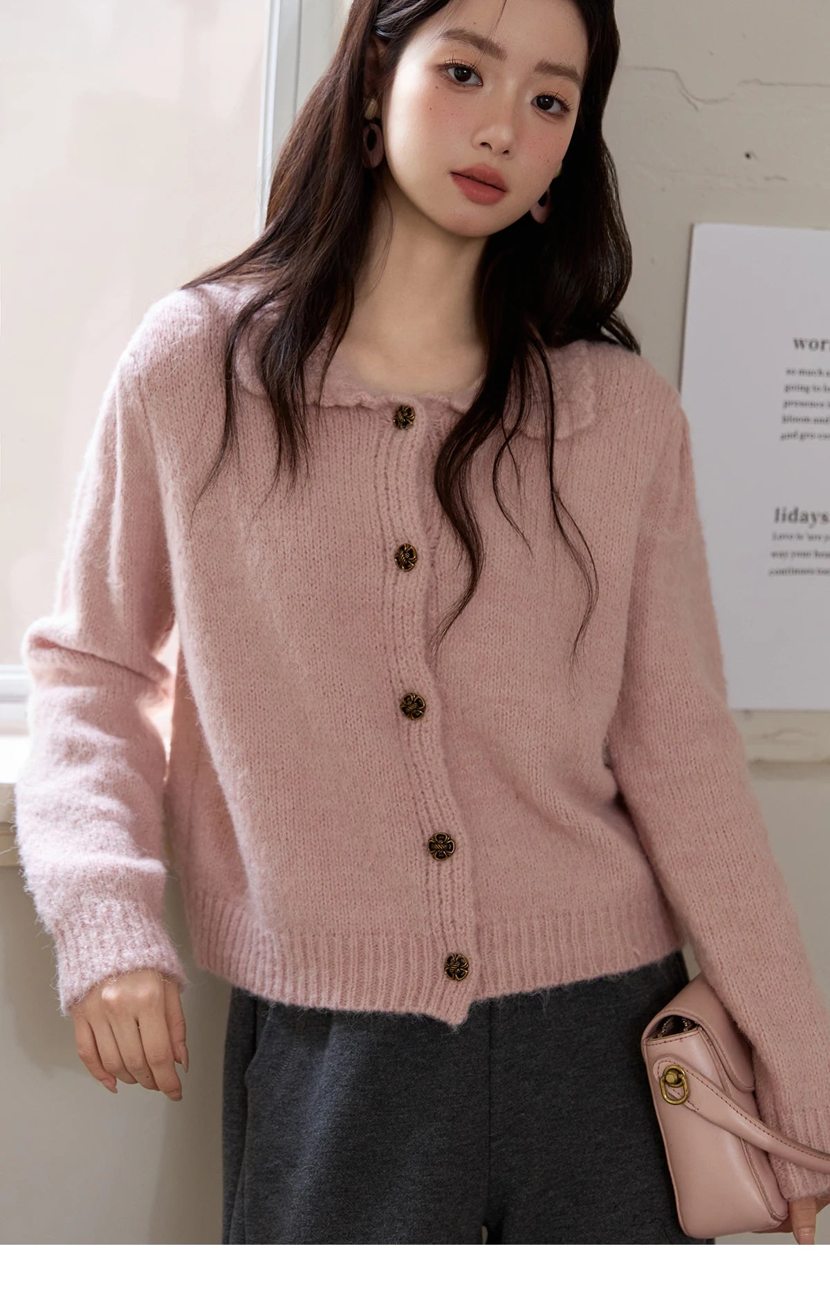 MISHOW Pink French Cardigan Women 2025 Autumn Winter New Sweet Turn-down Collar Single-breasted Loose Knit Sweater MXE48Z2569