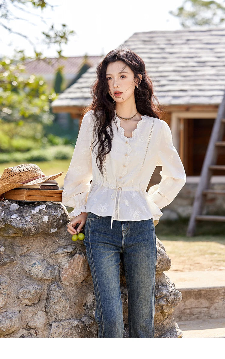 MISHOW Embroidered Blouse Women 2025 Spring New French Elegant Apricot Lace Premium Drawstring Design V Neck Tops MXE11X1708