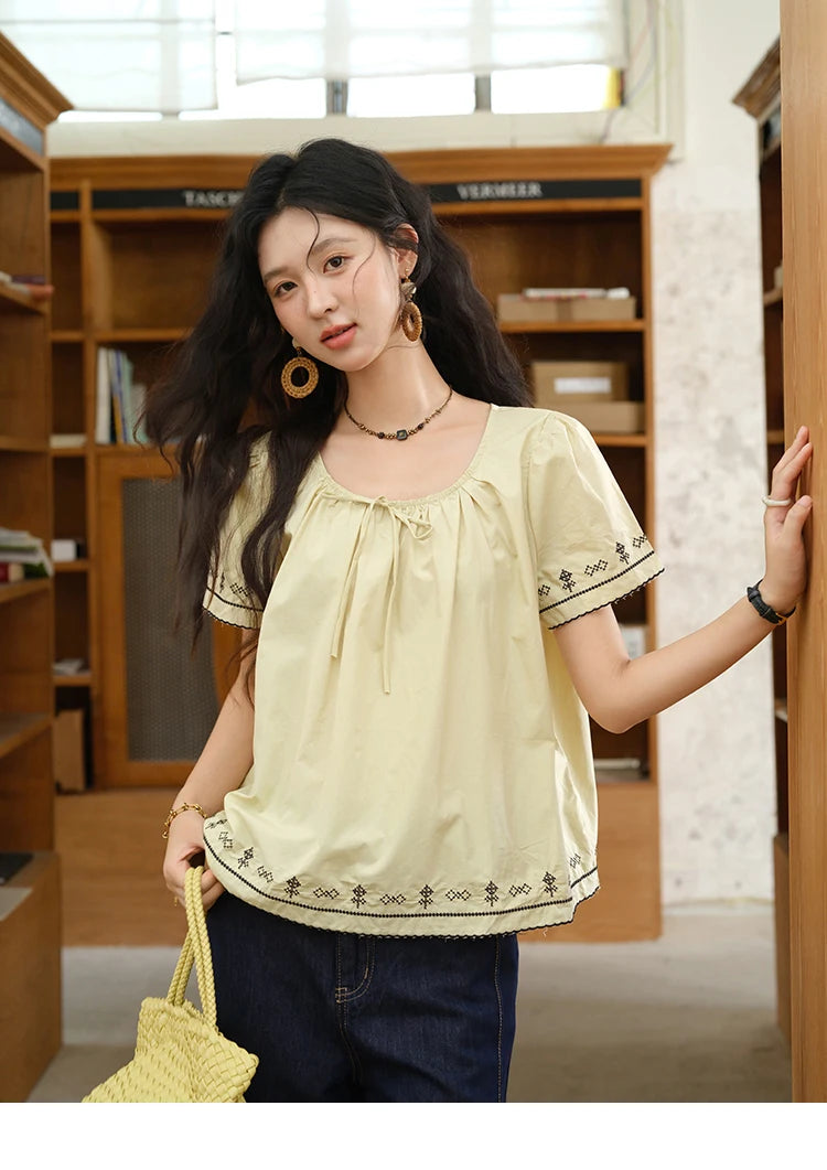 MISHOW Cotton Blouse Round Neck Lace Up Puff Sleeve MXE39X1966