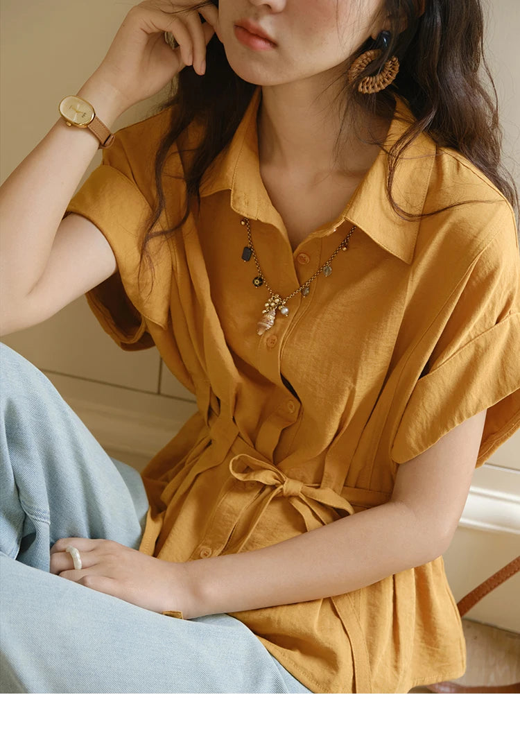 MISHOW Women's Casual Shirt 2025 Summer New Lace Up Button Turn-Down Collar Top Retro Orange Shirt Women's Clothing MXE37C0809