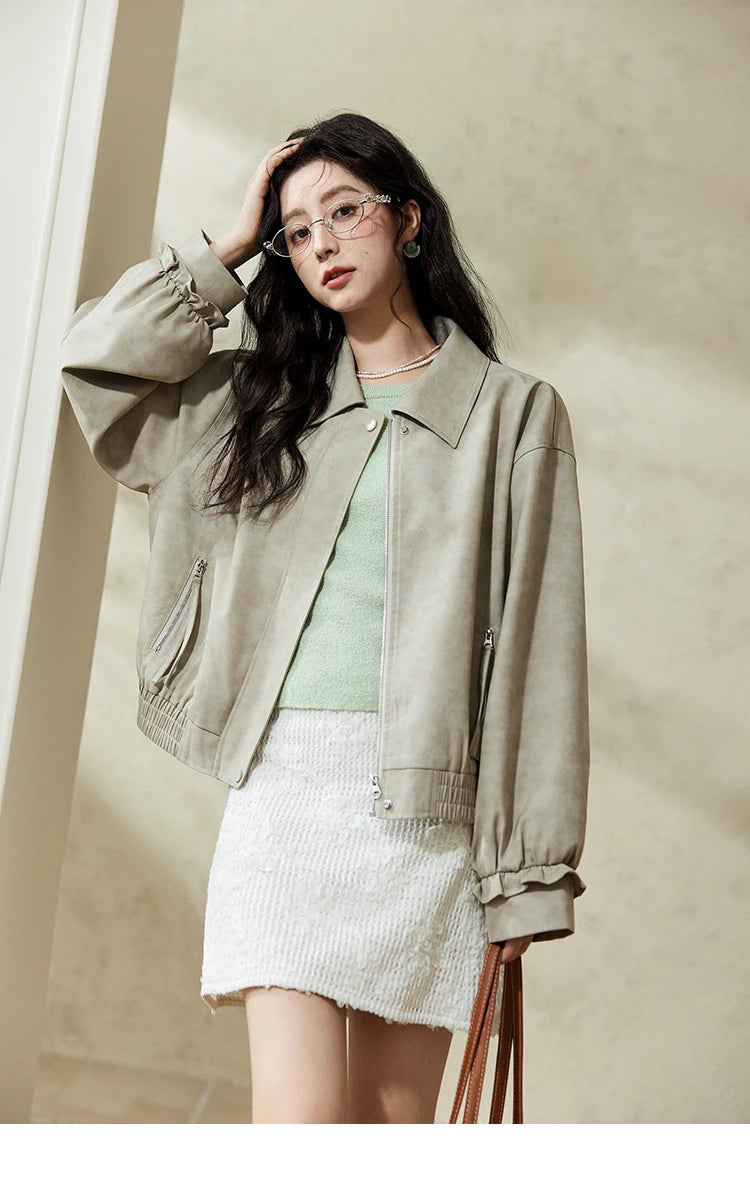 MISHOW Minimalist Short Jacket for Women Spring 2025 Casual Lapel Jacket Zipper Elastic Hem Solid Coats Streetwear MXE13W0715