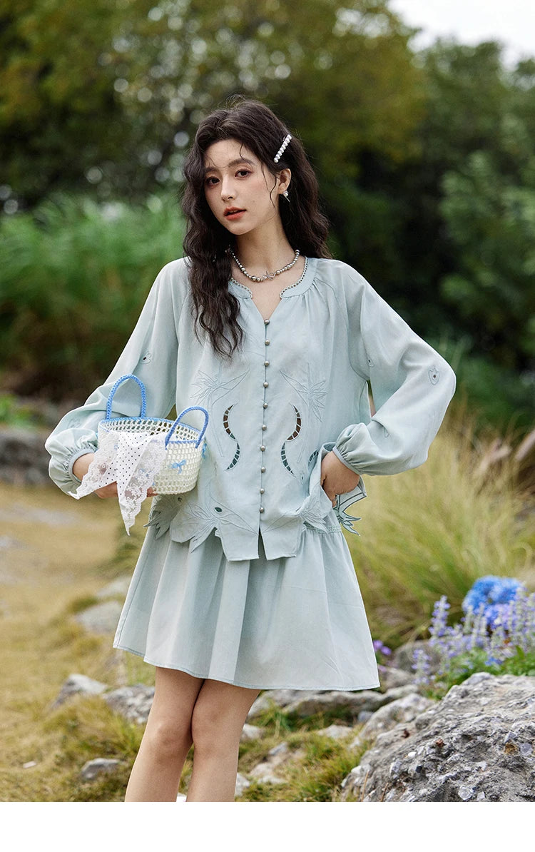 MISHOW Women's Sweet Blouses A-line Skirts Set Vintage Hollow Out Embroidery Loose Shirt Solid Skirt Two-piece Set MXE12T0455