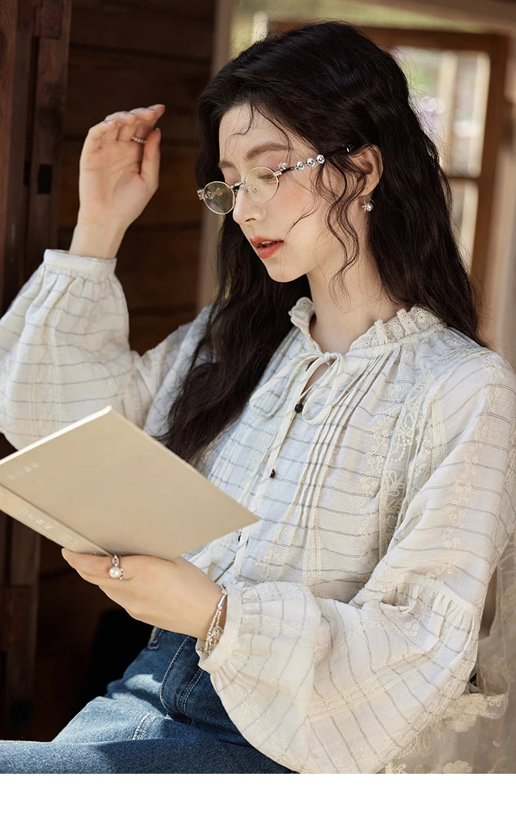 MiSHOW French Striped Blouses Women Spring New 2025 Long Sleeve Lace Collar Shirts Female Fashion Solid Chiffon Tops MXE12C0387