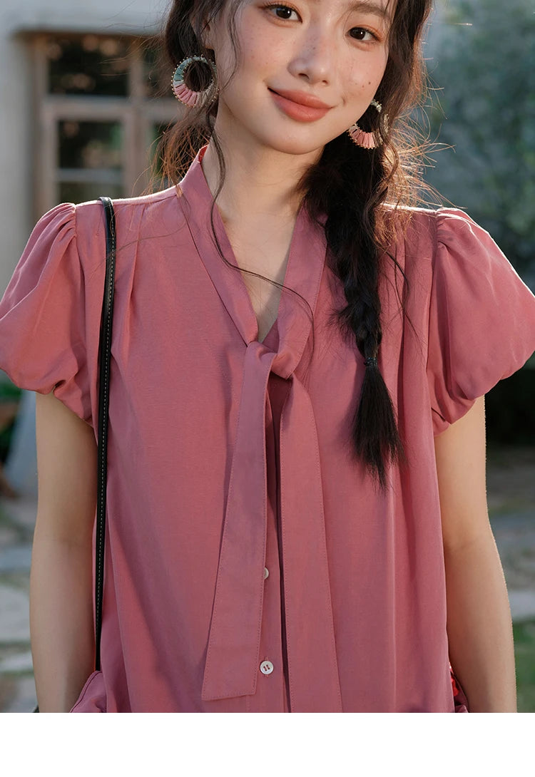 MISHOW Women's Summer V-neck Blouse 2025 New Fashion Puff Sleeve Lace Up Button Sweet Top Casual Female Clothing MXE38X1914