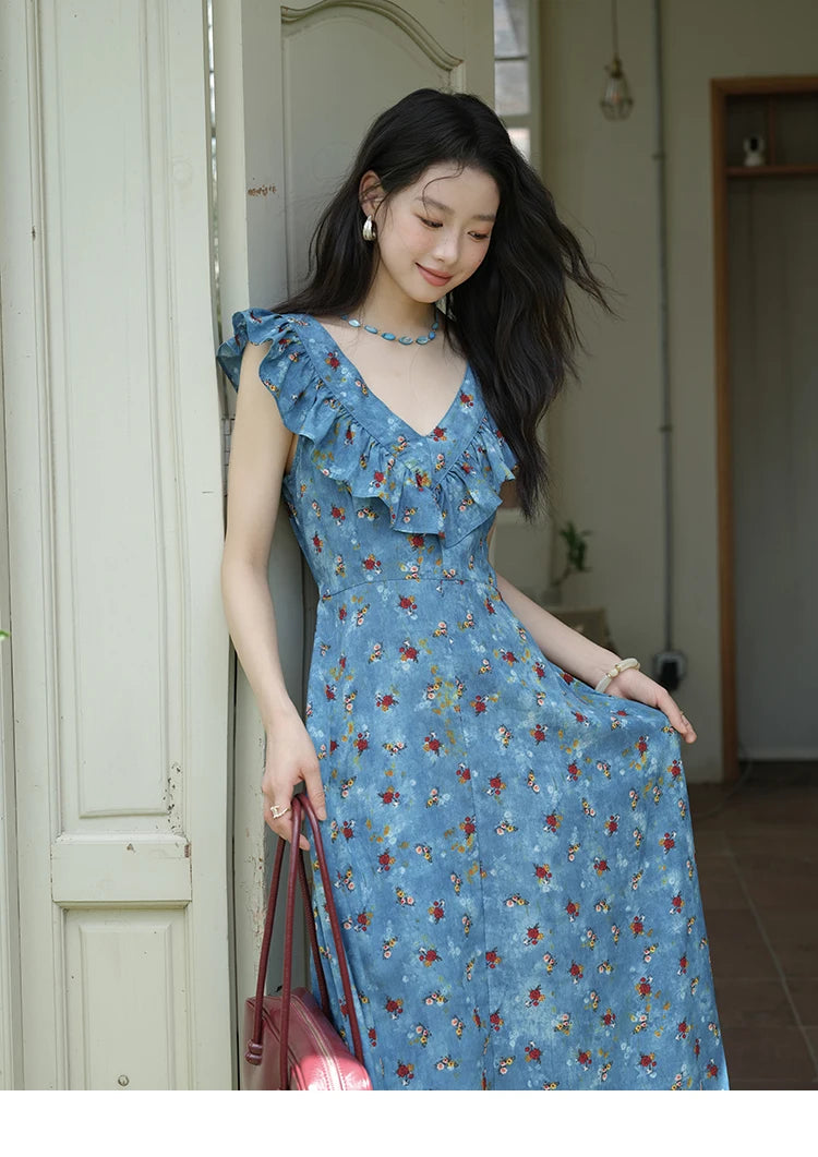 MISHOW Women's Fashion V-neck Ruffled Floral Dress Summer 2025 Flying Sleeve Waist Lace Up Casual Vacation Dresses MXE39L2436