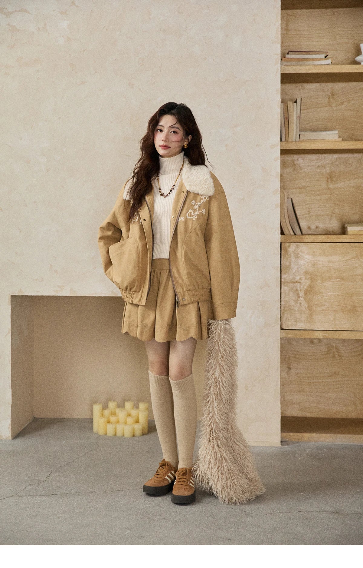 MISHOW Women's Floral Embroidered Jacket 2025 Winter French Style Yellow Plush Lapel Zip-up Coat Loose Warm Jacket MXE87W0932