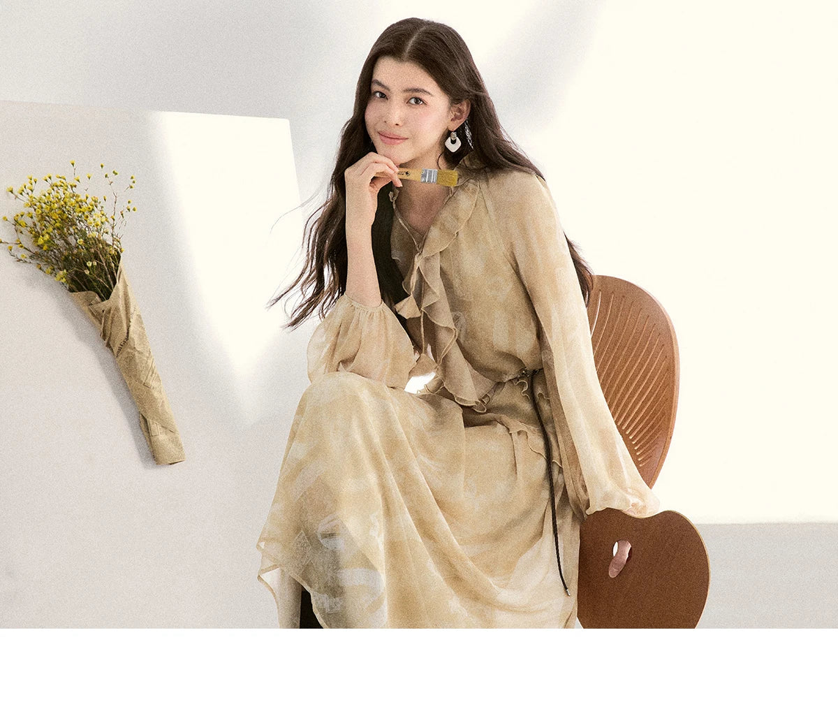 MISHOW Light Yellow Chiffon Maxi Dress 2026 Spring V-Neck Ruffled Belted Floral Print Casual Long Sleeve Dresses MXF11L2554