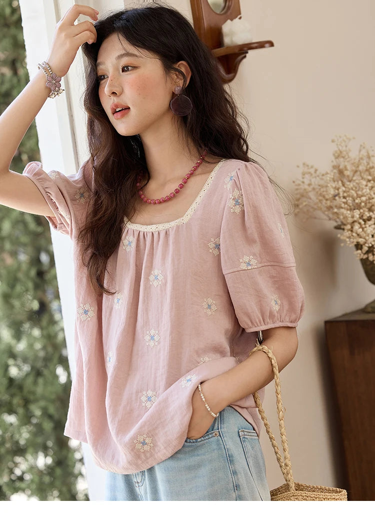 MISHOW Pink Embroidered Linen Floral Blouse for Summer 2025 A-line Square Collar Blouses Lace Patchwork Loose Tops MXE35X1834