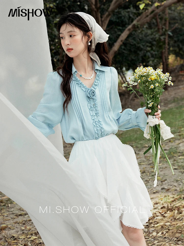 MISHOW Spring New Blouses for Women 2025 V-neck Long Flare Sleeve Solid Shirts Female Fashion Straight Tops Woman MXE14X1730