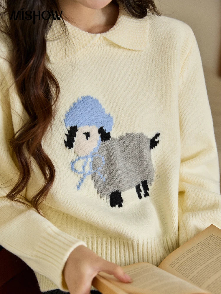 MISHOW Women's Beige White Knitted Sweater 2025 Autumn Winter Round Collar Sheep Pattern Loose Warm Pullover Sweaters MXE94Z2962