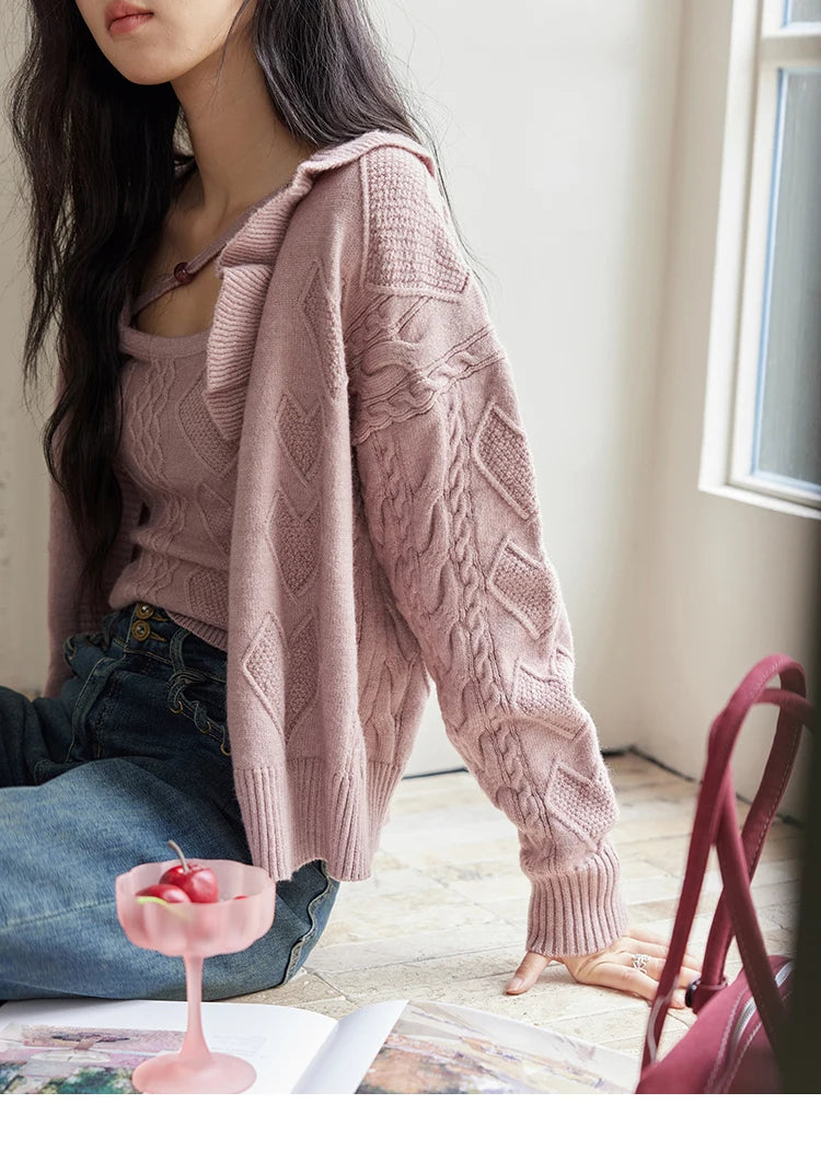 MISHOW Pink Knitwear Camisole Cardigan Separately 2024 Fall Fashion Sweet Knitted Vest Asymmetric Flounce Sweaters MXD45Z0781