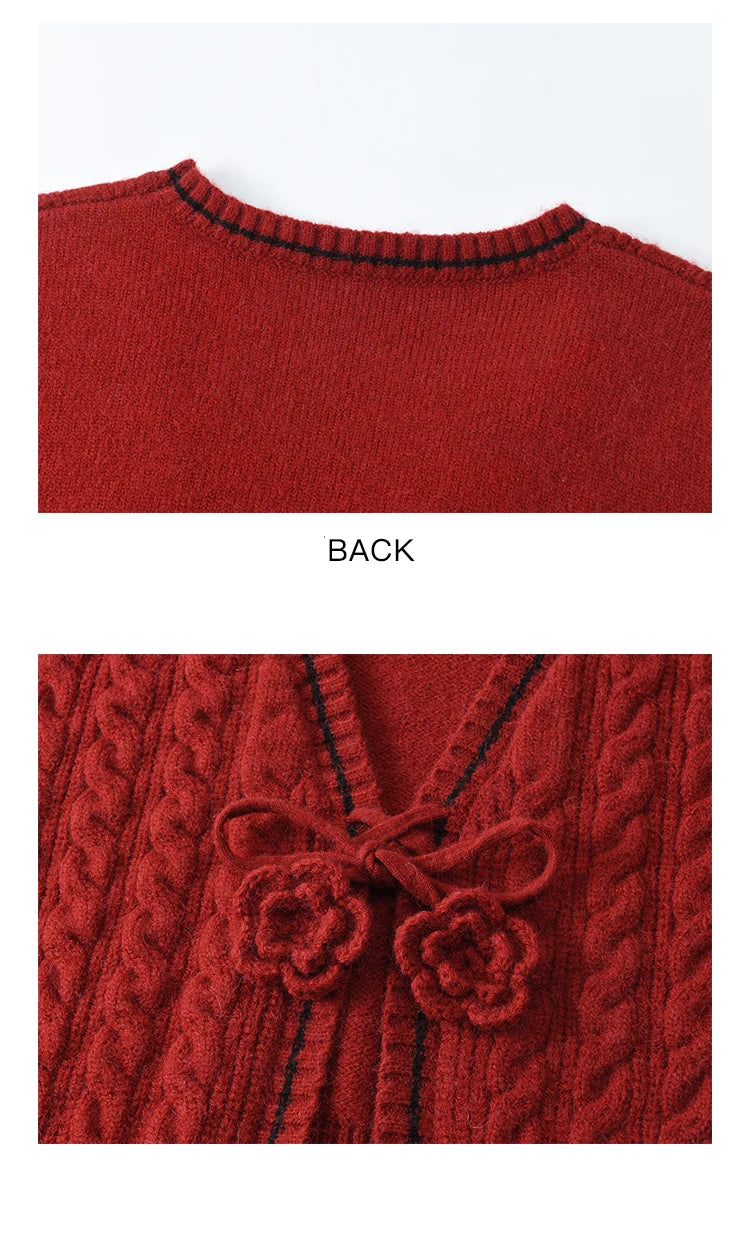 MISHOW Red Knitted Cardigan V-Neck Midi Dresses Separately A-LINE Temperament Grace Dress Flower Lace-up Warm Coat MXD58L2085