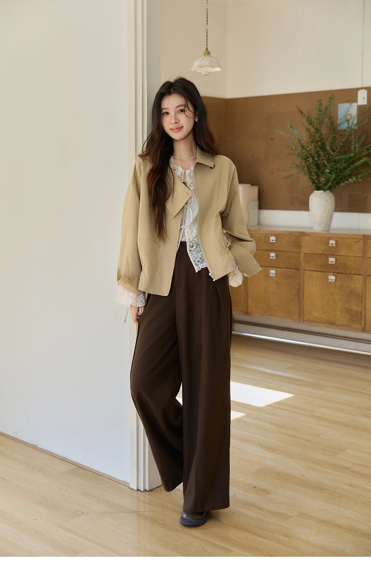 MISHOW Women's Khaki Cropped Jacket 2026 Spring Asymmetrical Collar Drawstring Waist Short Jackets Casual Loose Coat MXF11W1029