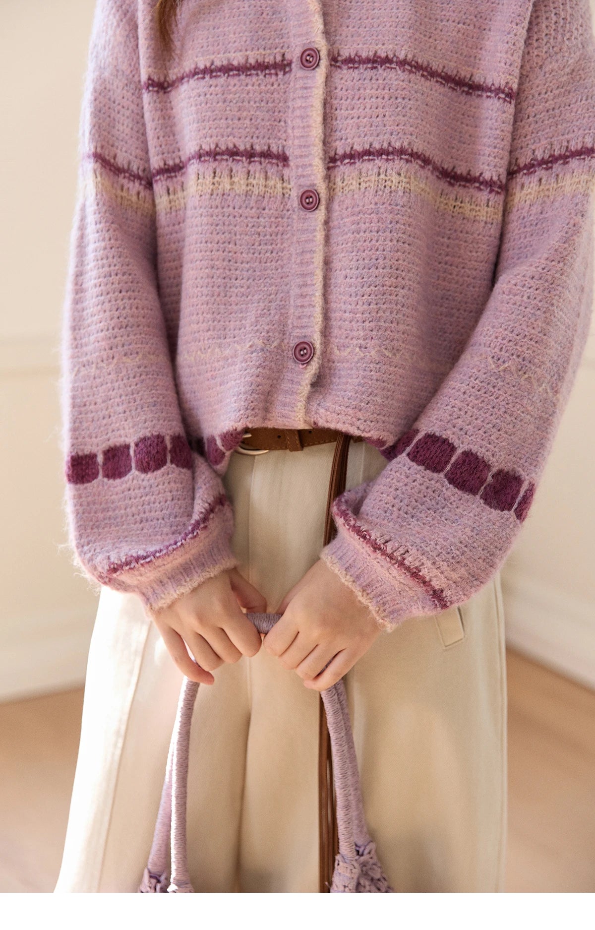 MISHOW Women's Lilac Knit Cardigan 2026 Spring Striped Dot Pattern Crew Neck Tops Single Breasted Warm Loose Sweater MXF11Z2897